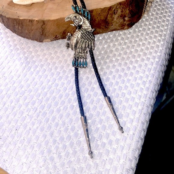SOLD Southwestern Bolo Tie . Turquoise . Braided Metal - Picture 3 of 4